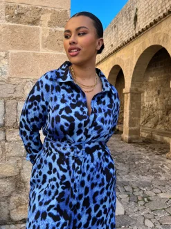 Women Dancing Leopard Alva Midi Shirt Dress In Bright Blue Leopard - Extended Sizing