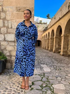 Women Dancing Leopard Alva Midi Shirt Dress In Bright Blue Leopard - Extended Sizing