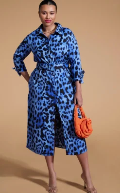 Women Dancing Leopard Alva Midi Shirt Dress In Bright Blue Leopard - Extended Sizing