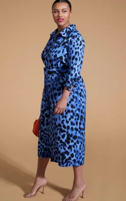 Women Dancing Leopard Alva Midi Shirt Dress In Bright Blue Leopard - Extended Sizing
