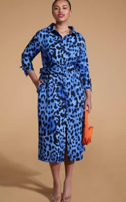 Women Dancing Leopard Alva Midi Shirt Dress In Bright Blue Leopard