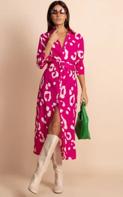 Women Dancing Leopard Alva Midi Shirt Dress In Oversized Leopard Cream On Magenta