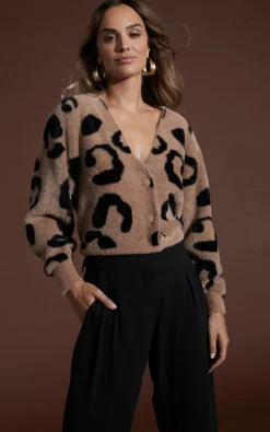 Women Dancing Leopard Bambino Cardigan In Black On Mocha Leopard