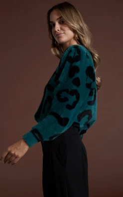 Women Dancing Leopard Bambino Cardigan In Black On Forest Green Leopard