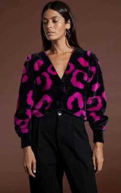 Women Dancing Leopard Bambino Cardigan In Cerise On Black Leopard