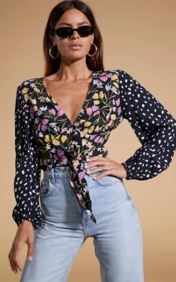 Women Dancing Leopard Betsy Tie Front Top In Citrus Tulip And Odd Dot Mix