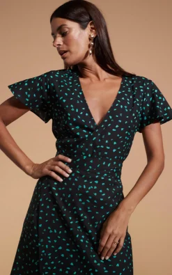 Women Dancing Leopard Cayenne Dress In Abstract Green On Black