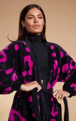 Women Dancing Leopard Coco Wrap Cardigan In Cerise On Black Leopard