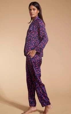 Women Dancing Leopard Cosmos Satin Long Leg Pj Set In Chilli Pepper