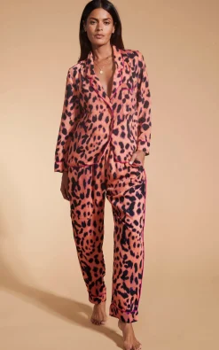 Women Dancing Leopard Cosmos Satin Long Leg Pj Set In Plorange Leopard
