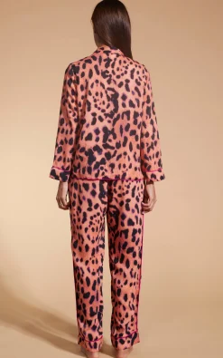 Women Dancing Leopard Cosmos Satin Long Leg Pj Set In Plorange Leopard