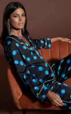Women Dancing Leopard Cosmos Satin Long Leg Pj Set In Polka Dot Blue On Black