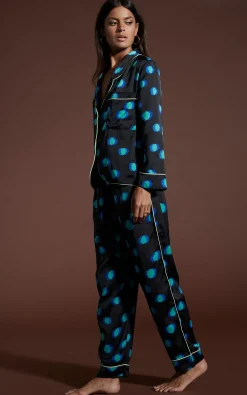 Women Dancing Leopard Cosmos Satin Long Leg Pj Set In Polka Dot Blue On Black