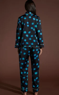 Women Dancing Leopard Cosmos Satin Long Leg Pj Set In Polka Dot Blue On Black