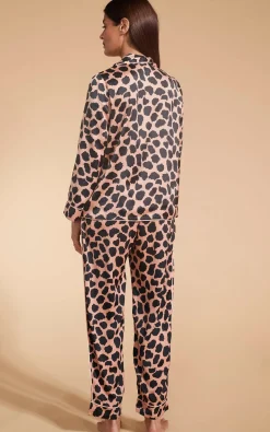 Women Dancing Leopard Cosmos Satin Long Leg Pj Set In Beige Cloud
