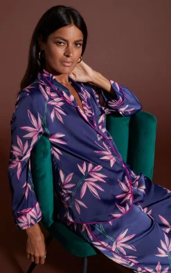 Women Dancing Leopard Cosmos Satin Long Leg Pj Set In Bamboo Navy Base