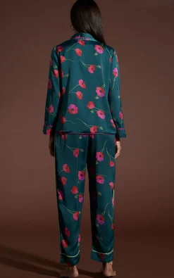 Women Dancing Leopard Cosmos Satin Long Leg Pj Set In Poppies On Dark Green