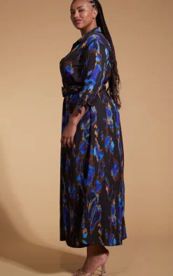 Women Dancing Leopard Dove Dress In Camo Abstract Blue On Black- Extended Sizing