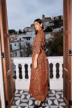 Women Dancing Leopard Dove Dress In Orange On Black Leopard
