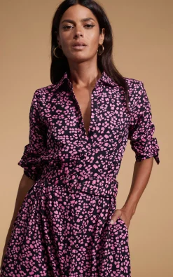 Women Dancing Leopard Dove Dress In Pink On Black Leopard