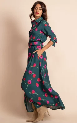 Women Dancing Leopard Dove Dress In Poppies On Dark Green