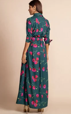 Women Dancing Leopard Dove Dress In Poppies On Dark Green