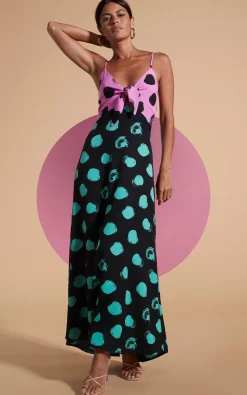 Women Dancing Leopard Florence Dress In Black On Pink Dot & Green On Black Dot