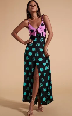 Women Dancing Leopard Florence Dress In Black On Pink Dot & Green On Black Dot
