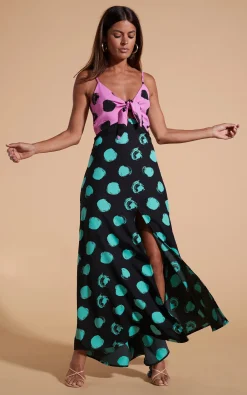 Women Dancing Leopard Florence Dress In Black On Pink Dot & Green On Black Dot