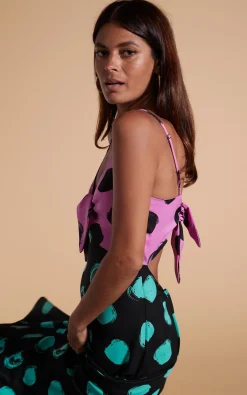 Women Dancing Leopard Florence Dress In Black On Pink Dot & Green On Black Dot