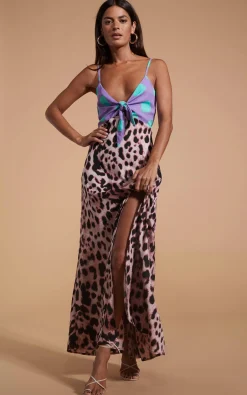 Women Dancing Leopard Florence Dress In Green On Purple Dot & Blush Leopard