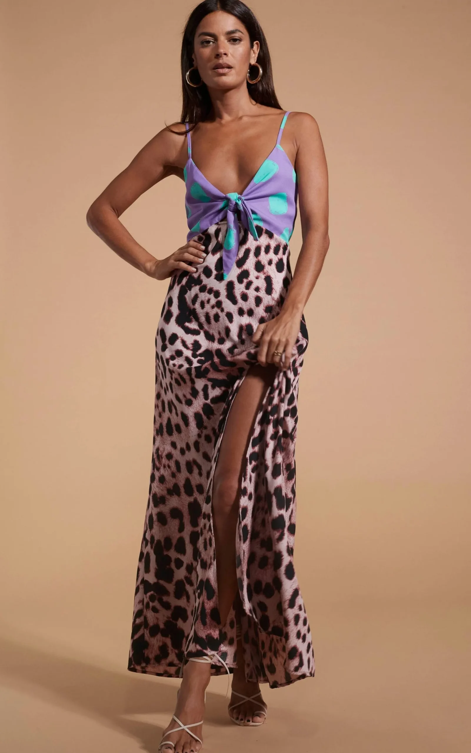 Women Dancing Leopard Florence Dress In Green On Purple Dot & Blush Leopard