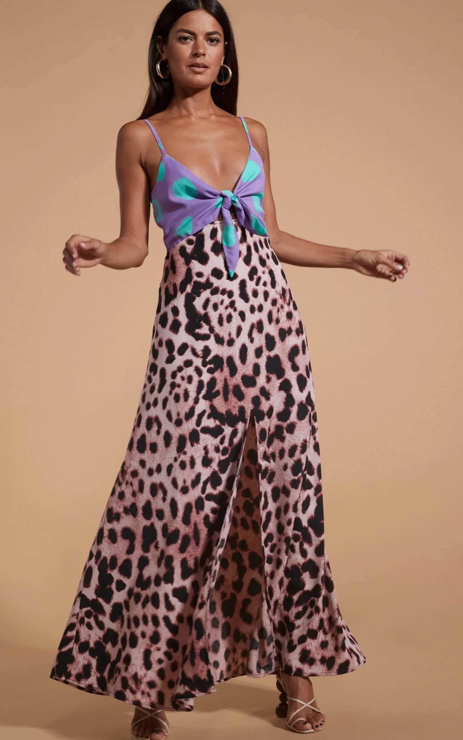 Women Dancing Leopard Florence Dress In Green On Purple Dot & Blush Leopard