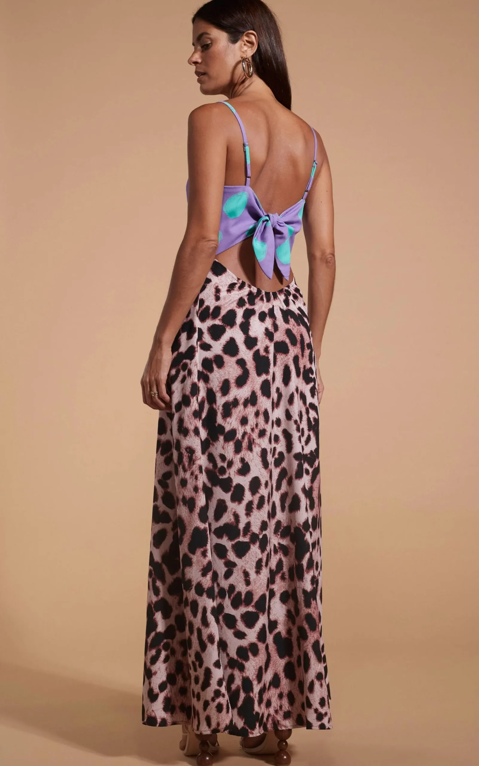 Women Dancing Leopard Florence Dress In Green On Purple Dot & Blush Leopard