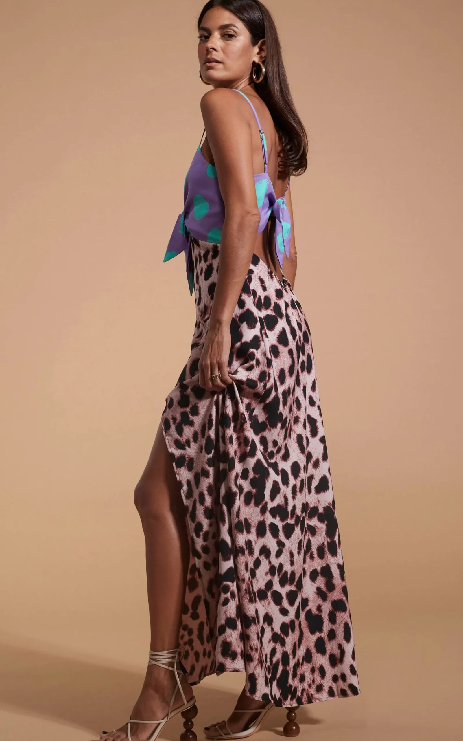 Women Dancing Leopard Florence Dress In Green On Purple Dot & Blush Leopard