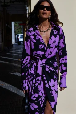 Women Dancing Leopard Frankie Wrap Dress In Lilac On Black Floral