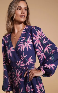 Women Dancing Leopard Ginger Mini Wrap Dress In Bamboo Navy Base