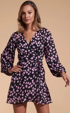 Women Dancing Leopard Ginger Mini Wrap Dress In Pink On Black Cloud