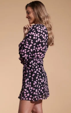 Women Dancing Leopard Ginger Mini Wrap Dress In Pink On Black Cloud