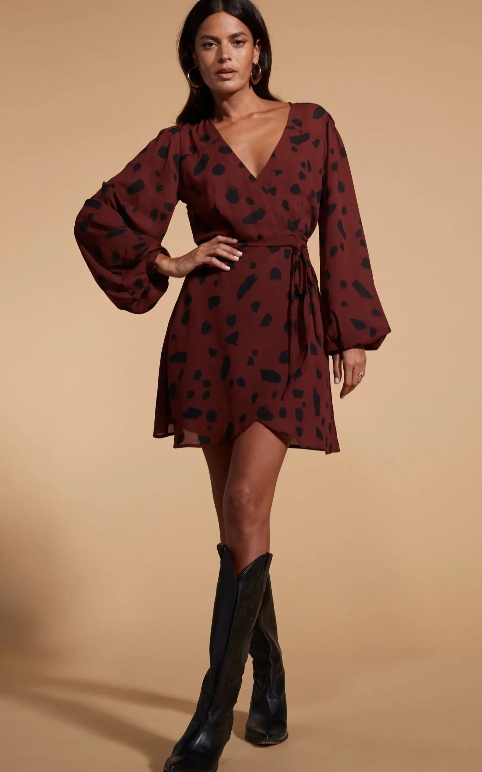 Women Dancing Leopard Ginger Mini Wrap Dress In Abstract Dot Black On Rust