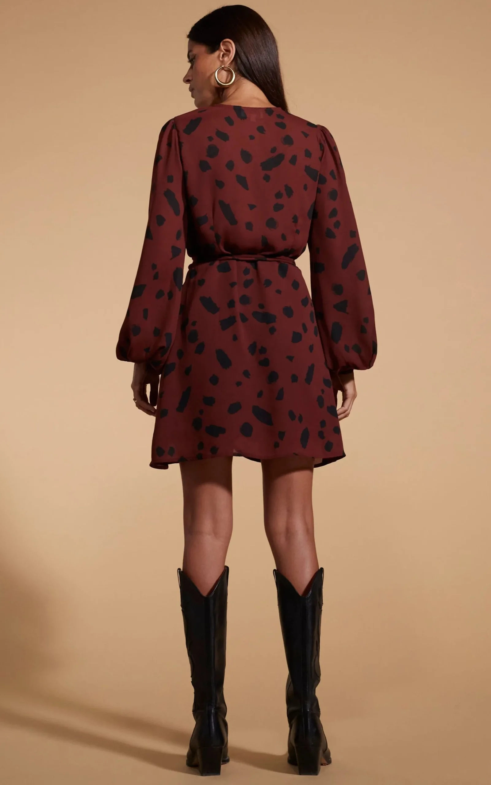 Women Dancing Leopard Ginger Mini Wrap Dress In Abstract Dot Black On Rust