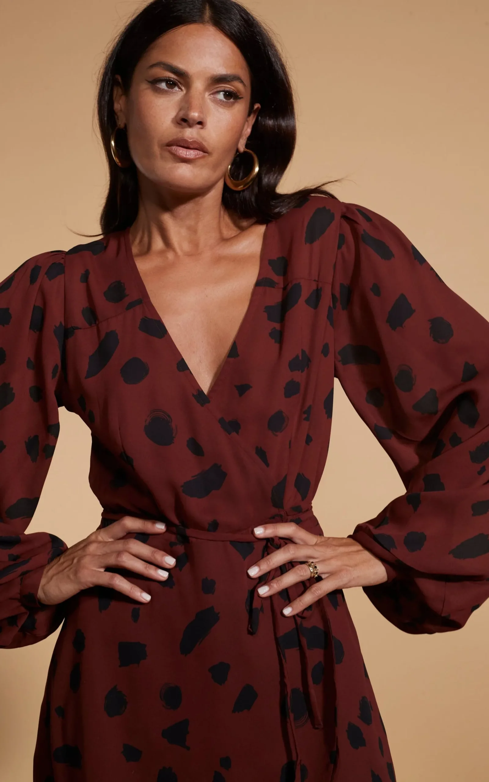 Women Dancing Leopard Ginger Mini Wrap Dress In Abstract Dot Black On Rust