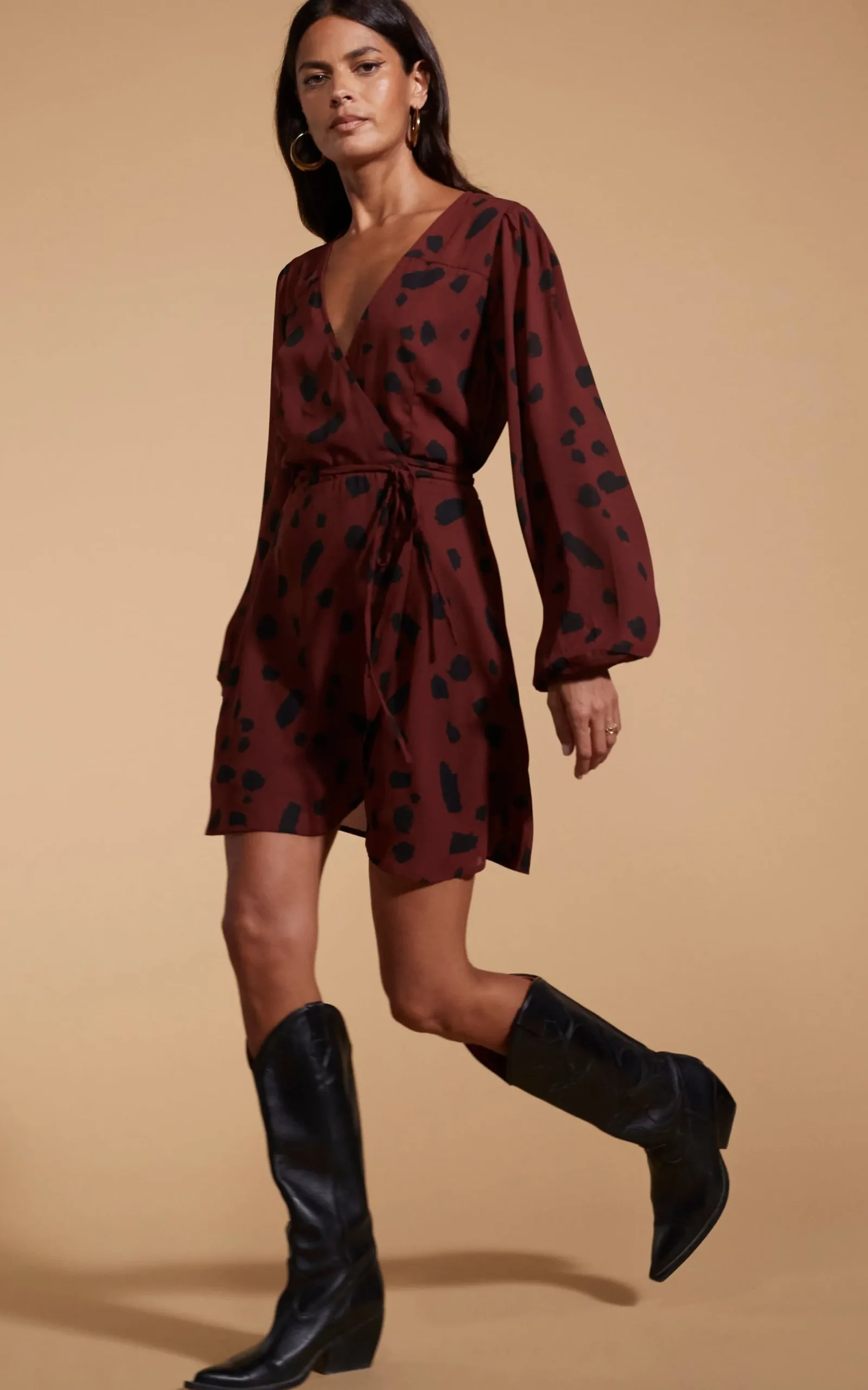 Women Dancing Leopard Ginger Mini Wrap Dress In Abstract Dot Black On Rust