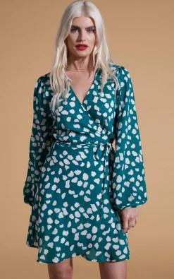 Women Dancing Leopard Ginger Mini Wrap Dress In White On Green Cloud