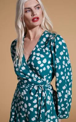Women Dancing Leopard Ginger Mini Wrap Dress In White On Green Cloud
