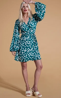Women Dancing Leopard Ginger Mini Wrap Dress In White On Green Cloud