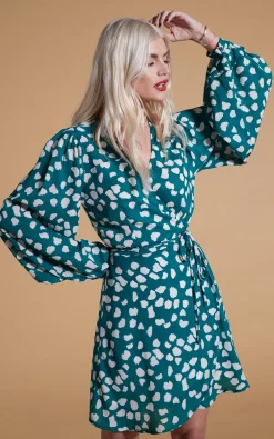 Women Dancing Leopard Ginger Mini Wrap Dress In White On Green Cloud