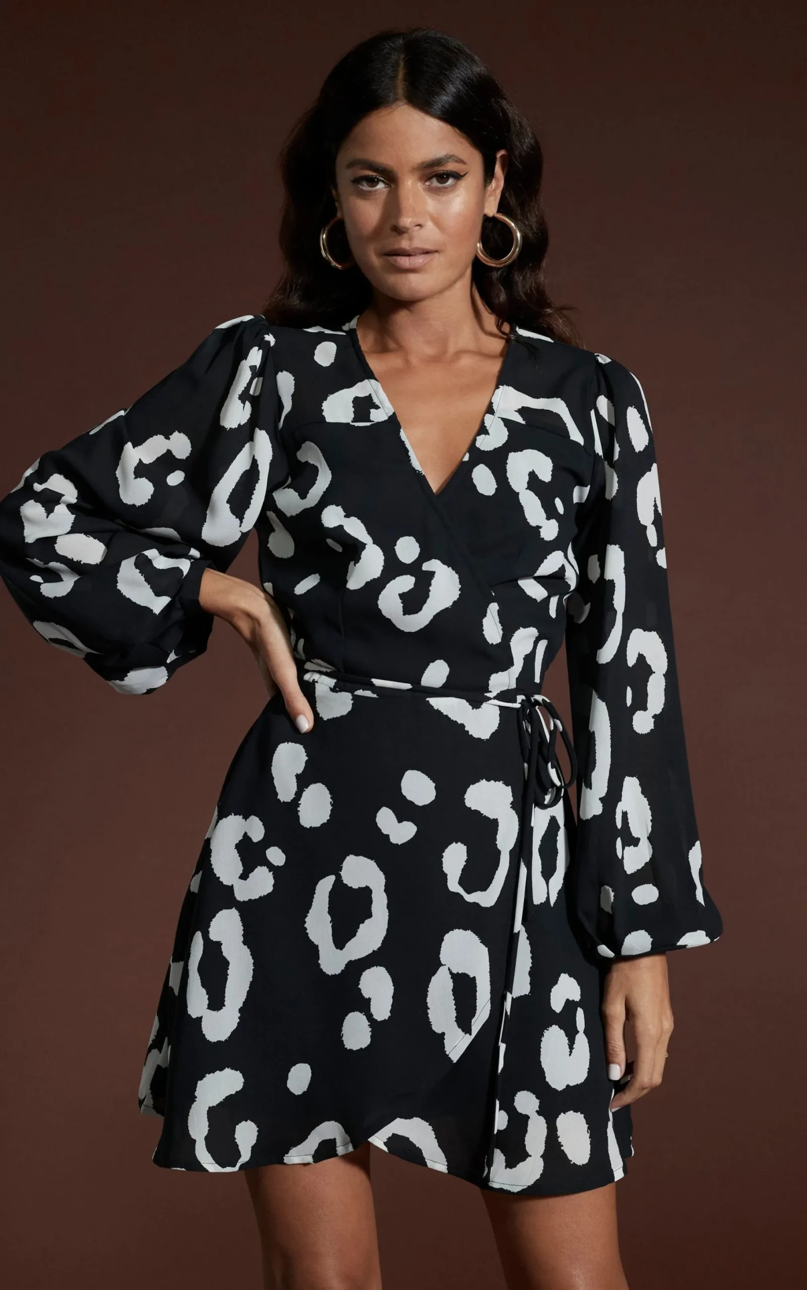 Women Dancing Leopard Ginger Mini Wrap Dress In Oversized Mono Leopard