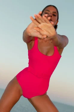 Women Dancing Leopard Halo Kiara Belted Swimsuit In Hot Pink