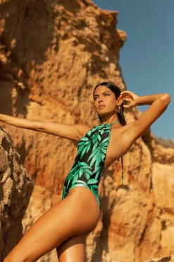 Women Dancing Leopard Halo Molokai Halter Neck Swimsuit In Watercolour Green Leaf